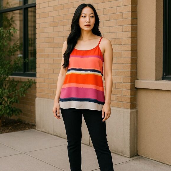 Valette Stripe Tye Dye Split Back Spaghetti Strap Top Tank - Picture 13 of 13